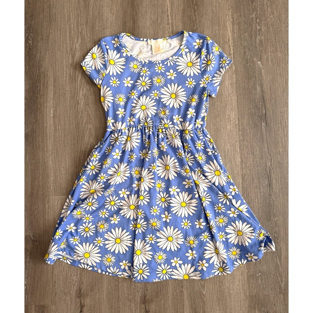 Emma & Elsa Girls Blue Daisy Floral Dress Size 12 Stretch Twirl Spring Easter